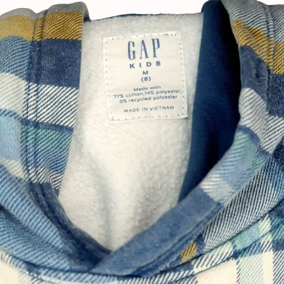 Gap Kids Medium (8) Blue Logo Print Plaid Hoodie Sweatshirt - Picture 3 of 3